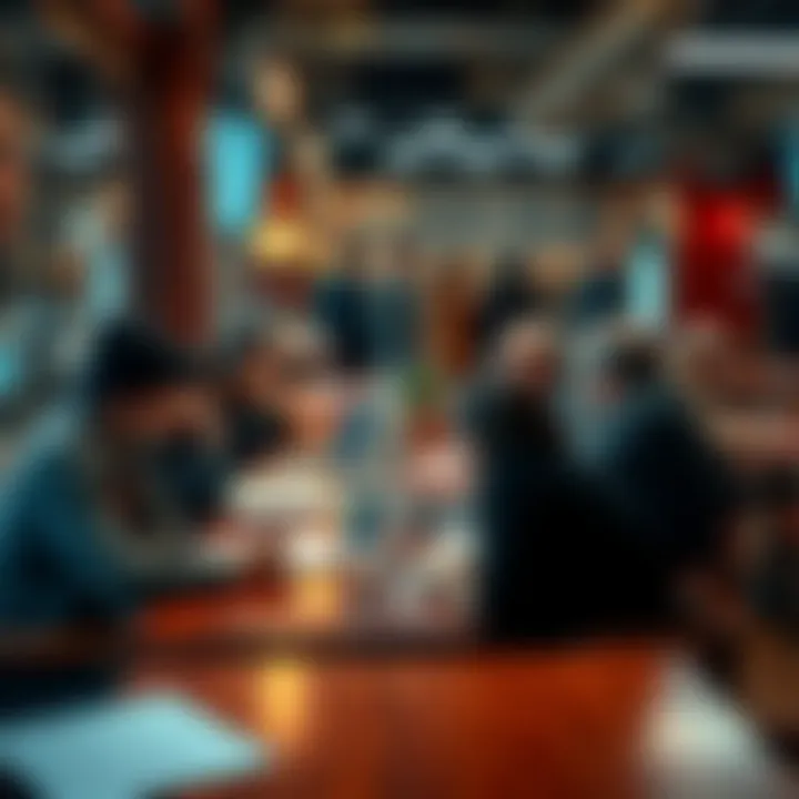 A group of people discussing an old conspiracy theory in a café, with notebooks and laptops around them.