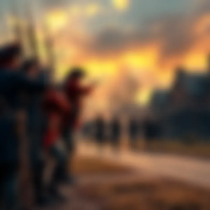 American Revolutionary War Scene A depiction of American Minutemen facing British Redcoats in a tense moment before the first shot is fired, set against a backdrop of a colonial town.