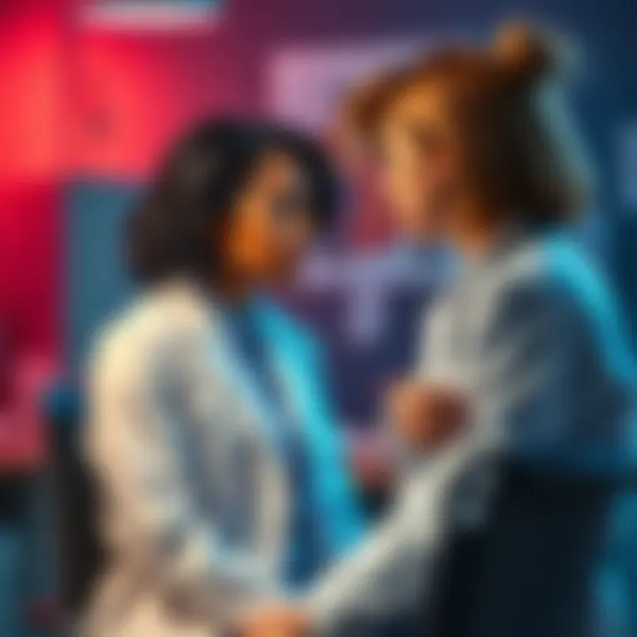 A frustrated woman talking to a doctor in an office, highlighting the struggle for referrals in rheumatology.