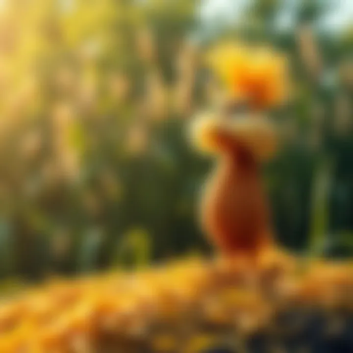 Rice Standing Up with The Lorax A whimsical scene of rice standing upright next to a character resembling The Lorax, with green trees in the background.