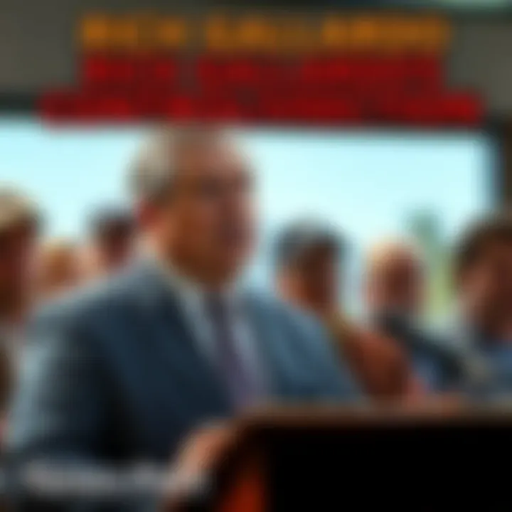 Rich Gallardo speaking at a podium with concerned community members in the background, highlighting the scrutiny over alleged militia connections.