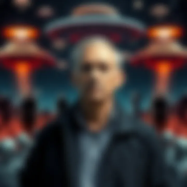 Richard Doty standing in front of a graphic showing UFOs and alien figures, looking serious and contemplative.