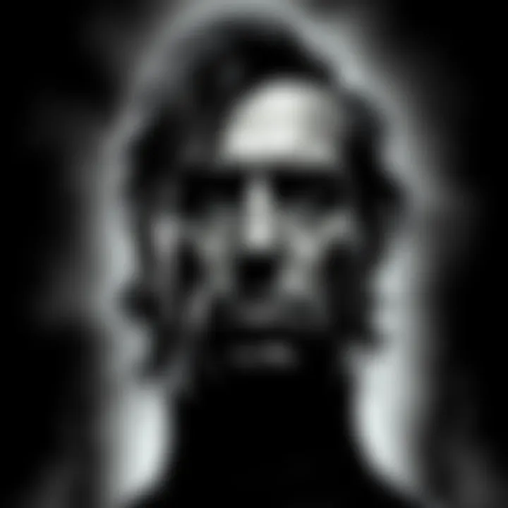 A black and white portrait of Richard Ramírez, the Night Stalker, looking intense and menacing. He has dark hair and a serious expression, representing the fear he caused in California during the 1980...