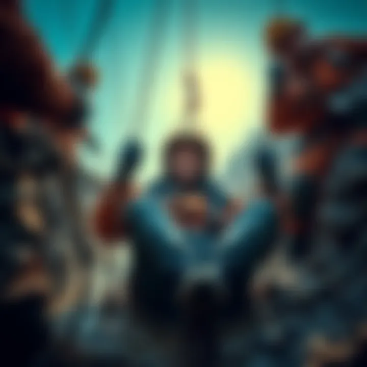 Rescuers pull Rick from a muddy pit with ropes and equipment, showcasing the intense rescue effort