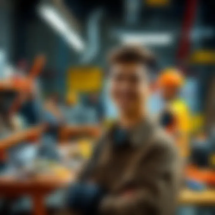 Rick at his first job A young man named Rick smiling while working at his first job in a casual setting, surrounded by coworkers and various work tools.