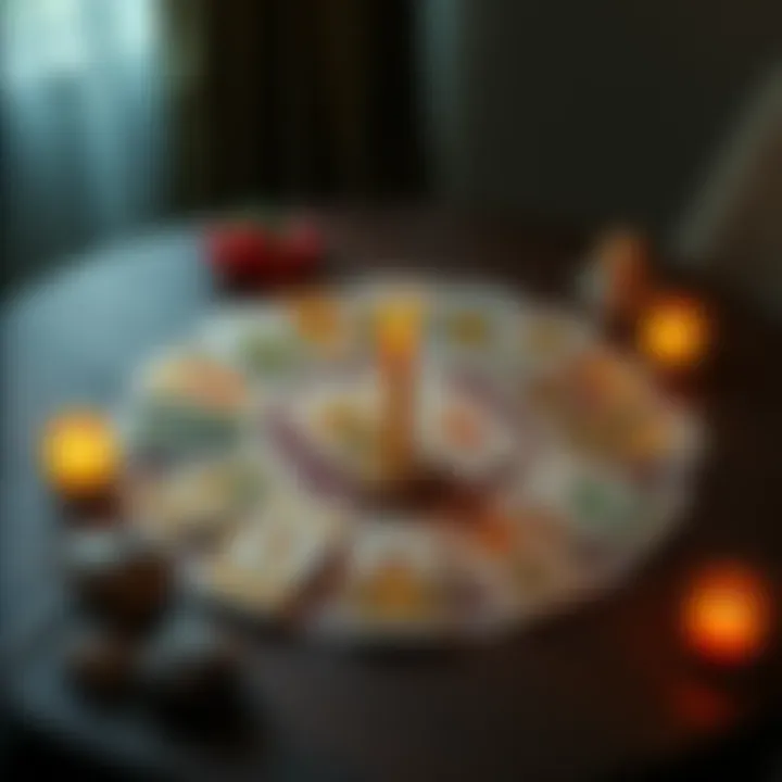 A colorful display of the Rider-Waite Tarot deck laid out in a spread on a table, with a lit candle and crystals nearby.