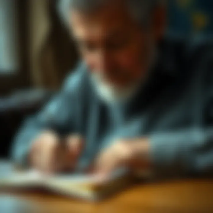 A 54-year-old man using his right hand to write in a notebook, showcasing his handedness in a daily activity.