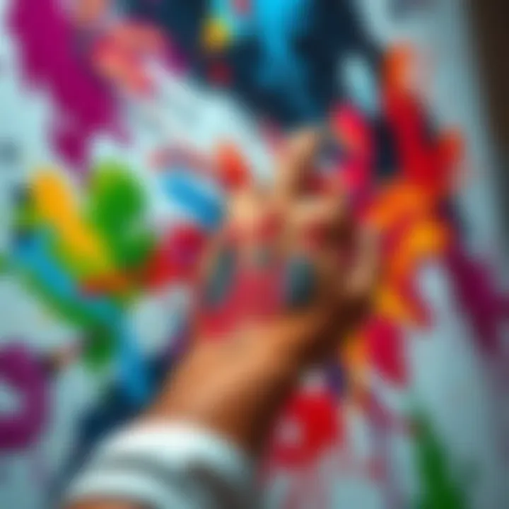 A person using their right hand to paint on a canvas, showing their creative expression through colorful imagery.
