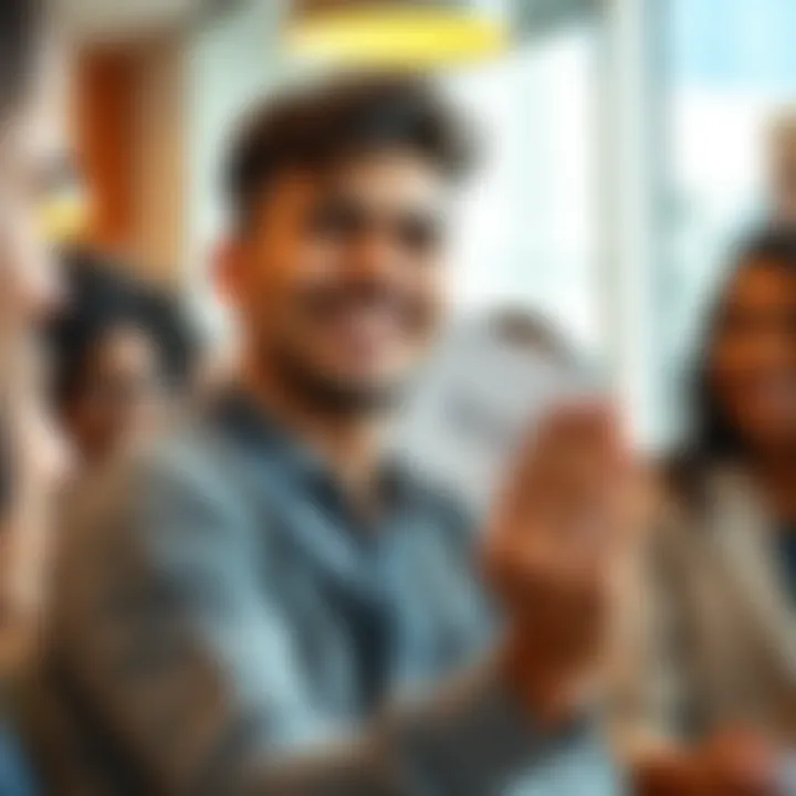A right-handed individual smiling while holding a motivational quote card in their left hand, surrounded by supportive friends, reflecting positivity and encouragement.