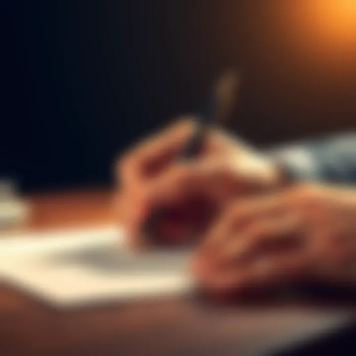 A right-handed person writing with a pen on paper, showcasing their hand position and grip.