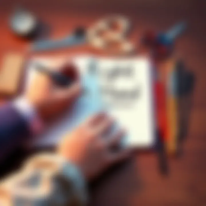 A person using their right hand to write in a notebook, surrounded by various everyday objects like scissors and a paintbrush, symbolizing right hand dominance in daily tasks.