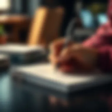 A right-handed person writing in a notebook with a pen, demonstrating hand dominance.