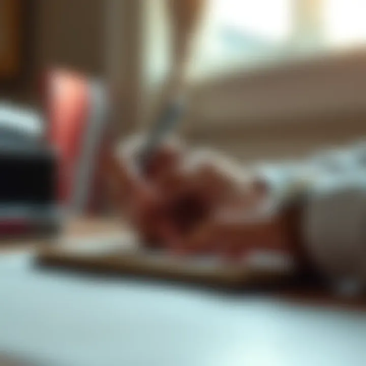 A right-handed person writing in a notebook, showcasing hand dominance.