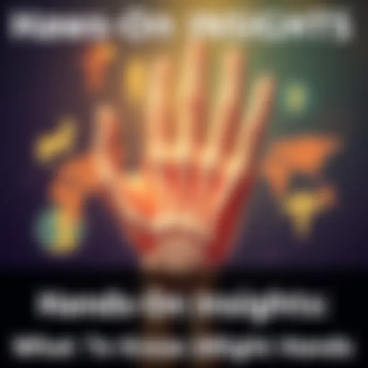 A close-up of a right hand showing its anatomical features, with labels indicating bones and muscles, surrounded by cultural symbols representing different societies