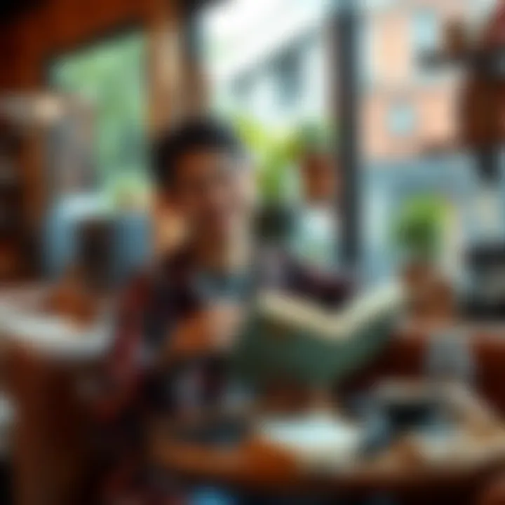 A right-handed person in their mid-twenties holding a book with a relaxed smile while sitting in a cozy cafe, surrounded by personal items that reflect their interests.