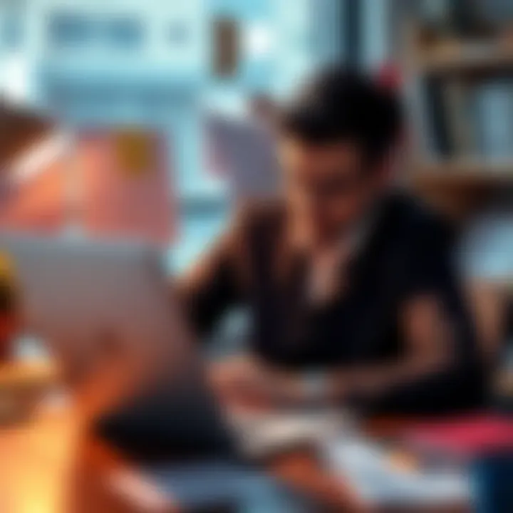 A right-handed person struggles with paperwork at a desk, surrounded by notes and a laptop, looking stressed.