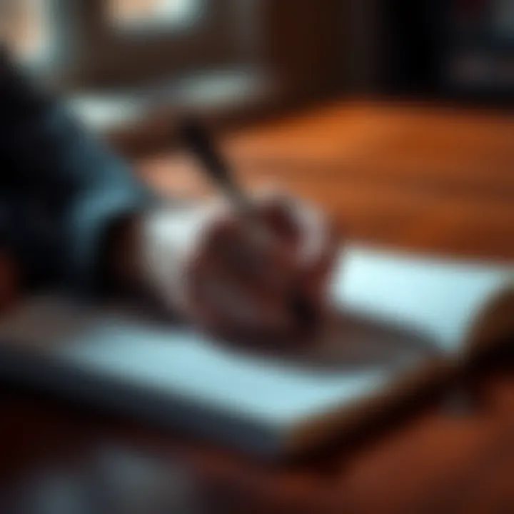 A 37-year-old right-handed person writing in a notebook with a pen, showcasing their hand position and movement.