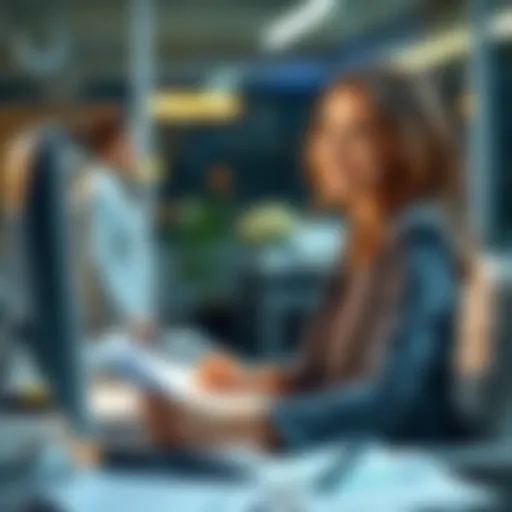 A right-handed woman confidently working at her desk, analyzing financial data on her computer, surrounded by career development materials.