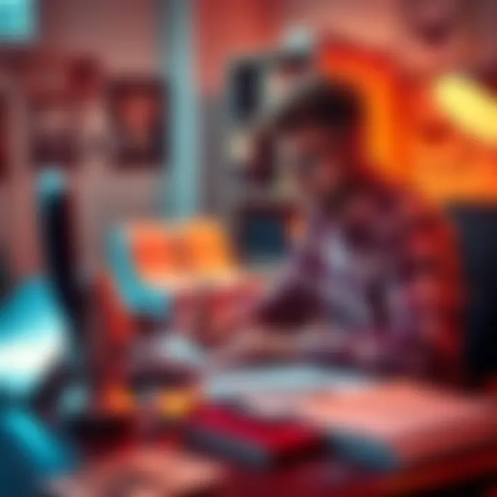 A right-handed person writing at a desk, surrounded by family photos and work materials.