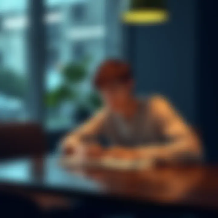A young right-handed person sitting at a table, looking thoughtful while writing notes, inviting feedback from the community.