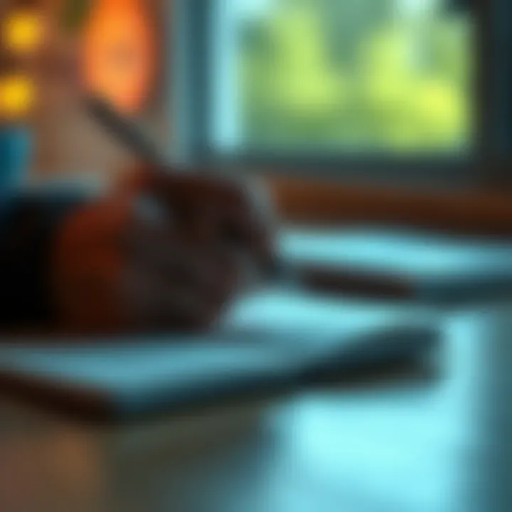 A right-handed person writing in a notebook with a pen, showcasing their unique perspective on handedness.