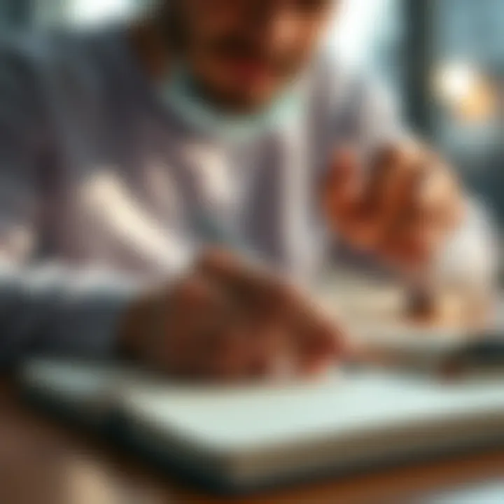 A right-handed individual focused on writing in a notebook with a pen, showcasing their preference and behavior in learning.