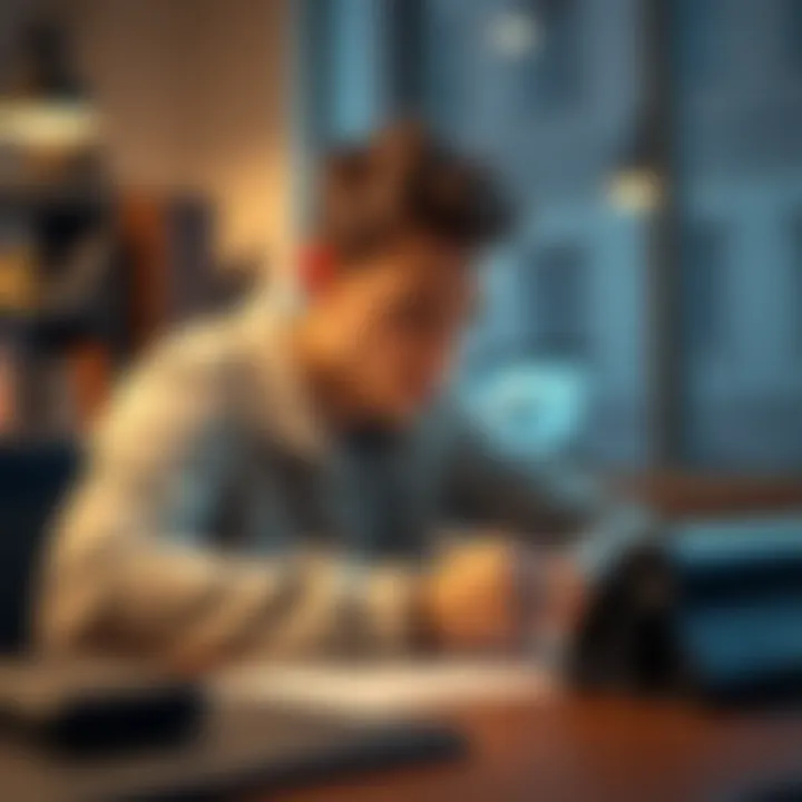 A 22-year-old right-handed male sitting at a desk, writing with a pen in his right hand, looking focused and thoughtful.