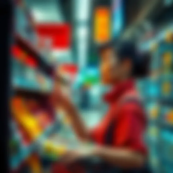 A shopper looking at price tags in a grocery store, showing shock at the increasing costs of everyday items.
