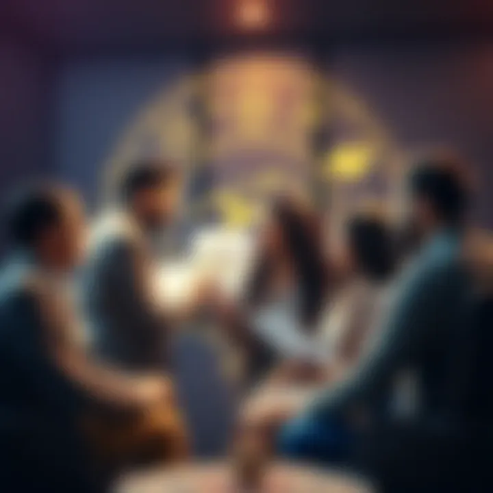 A group of diverse people discussing their astrological signs with charts and symbols around them