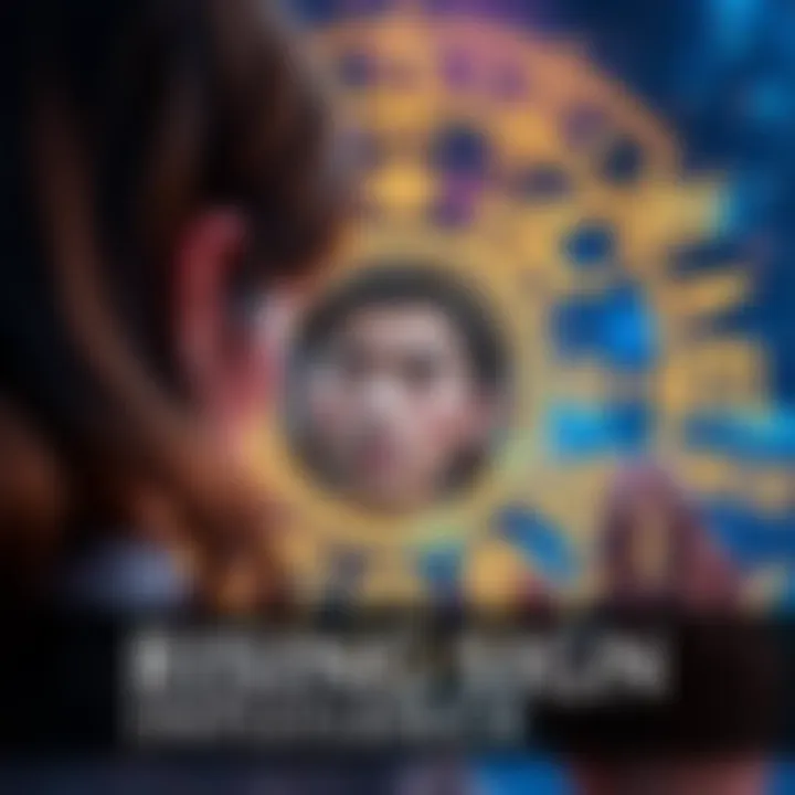 A person looking in the mirror, with zodiac signs in the background, representing the impact of rising signs on personality and first impressions.