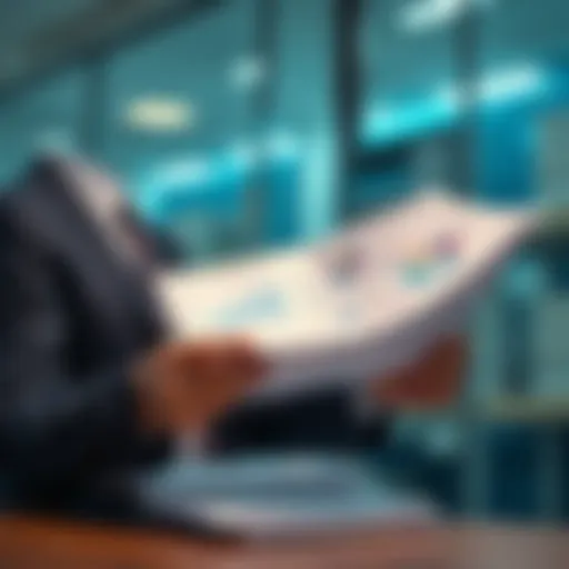 Risk Management in Healthcare A professional in a suit reviewing paperwork and charts related to psychiatric healthcare risk management.