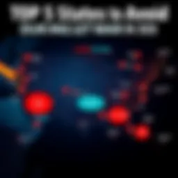 A map showing the five states to avoid during World War 3 with highlighted areas indicating potential conflict zones and safety concerns.