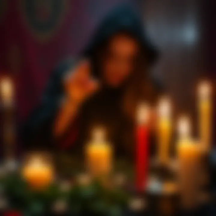A person performing a ritual with candles and herbs, focused on intention and belief.