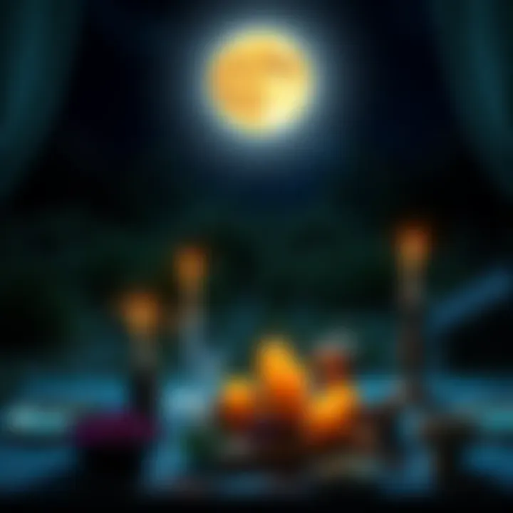 A full moon illuminating a serene outdoor scene with a table set for a ritual, featuring candles, herbs, and offerings dedicated to Hecate, surrounded by nature.