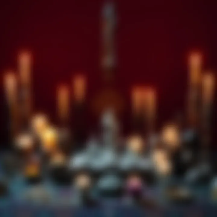 A spiritual altar featuring candles, crystals, and symbols representing different deities, prepared for a ritual.