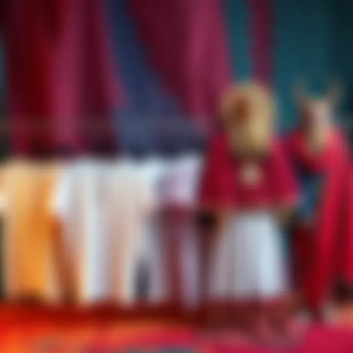 A collection of various ritual outfits, including casual white t-shirts and vibrant costumes inspired by Dionysus, displayed on a colorful backdrop.