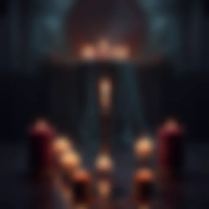Ritual Candles and Symbol A candle-lit setting with a dark, serene atmosphere, featuring symbols associated with peace and introspection.