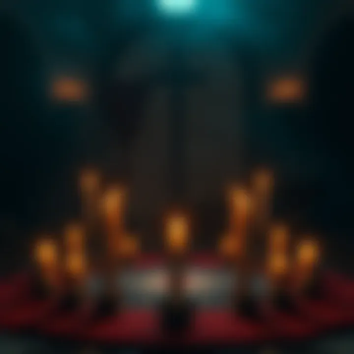 A dimly lit ritual circle with candles and symbols, depicting a practitioner invoking a spirit or entity.