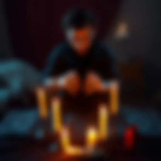 A person performing a simple ritual on a table with candles and a dark cloth, focused on making contact with a demon.