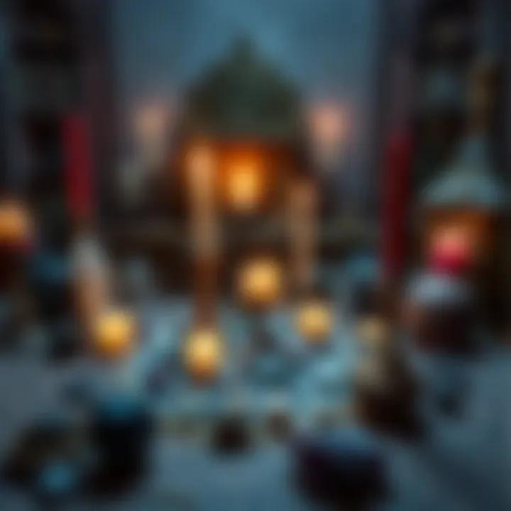An altar set up for a wealth ritual, featuring candles, crystals, and symbols related to demonolatry and Elubatel.