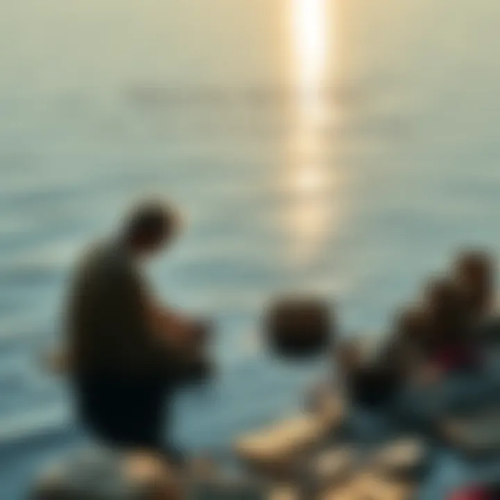 A serene scene depicting a person by a water source, symbolizing a dedication ritual to the Theoi in Hellenism, with offerings nearby.