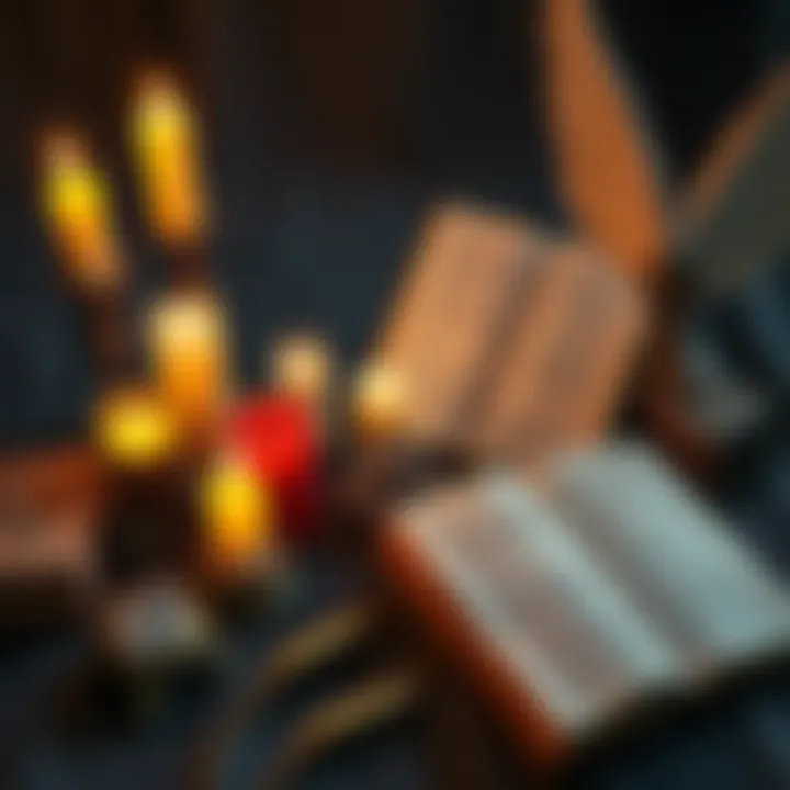 A table with candles, crystals, and open Biblical texts used in angel invocation rituals.