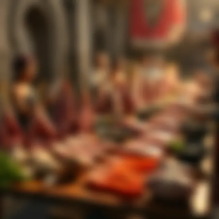 A ritual scene showing various meats arranged on a large wooden table, with people discussing nearby, hinting at cultural practices around food.