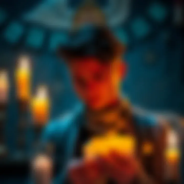 A newcomer looks concerned while holding a piece of burnt paper during a nighttime ritual, surrounded by candles and magical symbols.