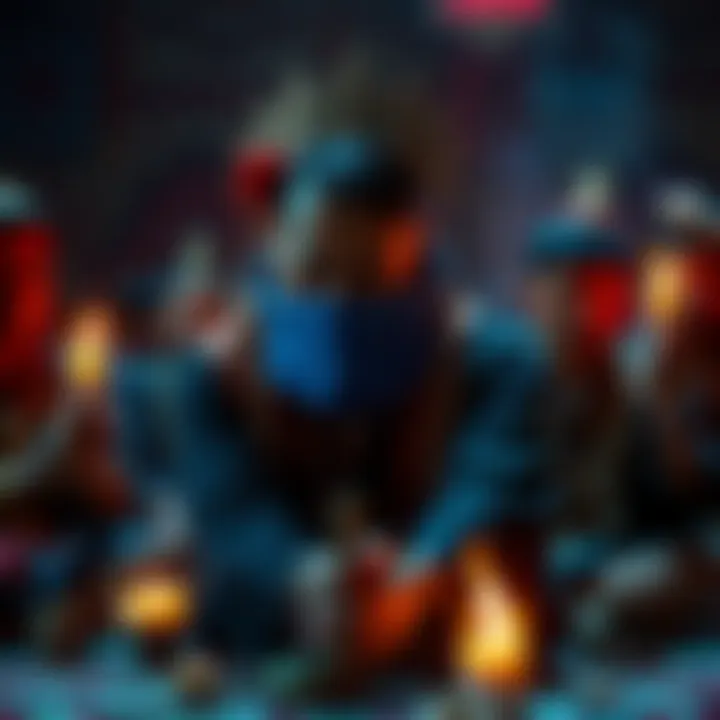 A person in a traditional outfit participating in a spirit possession ritual, surrounded by cultural symbols and fellow practitioners.