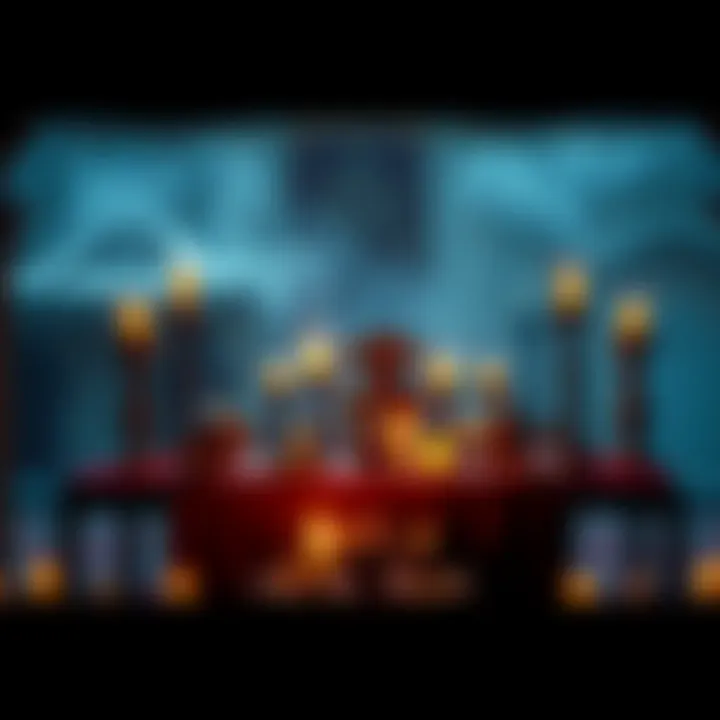 A mystical scene showing a traditional table set with offerings, candles, and ancient artifacts for a ritual honoring the Daughters of the Jinn.
