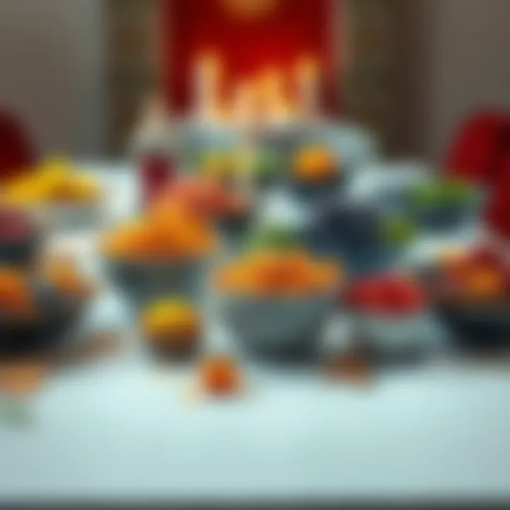 A table set with bowls of colorful ritual offerings, including fruits and herbs, showcasing the choice between eating and returning them to nature.
