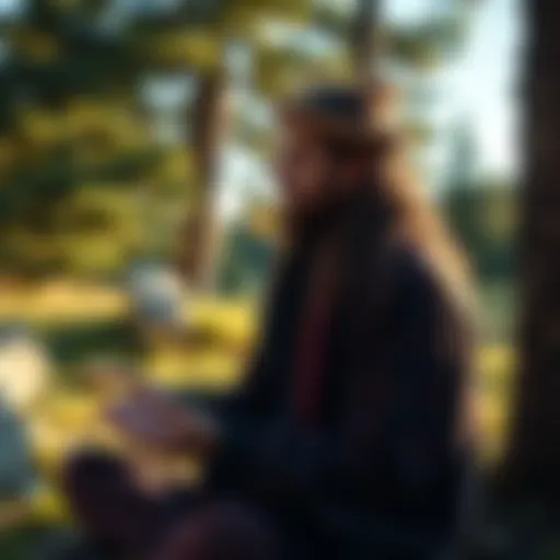A Colorado practitioner engaging in a personal ritual outdoors, surrounded by trees and nature, combining Norse pagan elements with psychological techniques.