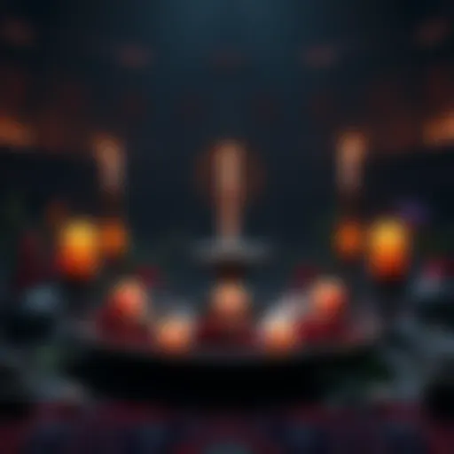 A candlelit altar with symbols related to Duke Dantalion surrounded by herbs and crystals, creating a solemn atmosphere for the ritual.