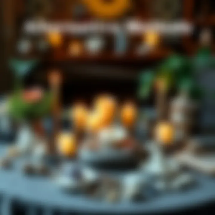 A table set for a ritual featuring various candle substitutes like crystals, plants, and stones arranged creatively, showcasing an alternative setup without flames.